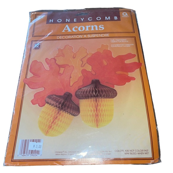 Vintage Honeycomb Tissue 12” Acorns Fall Thanksgiving AMSCAN  EUC ORIGINAL PACK - Picture 3 of 7